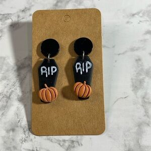 Handcrafted Black Coffin Earrings with Pumpkins